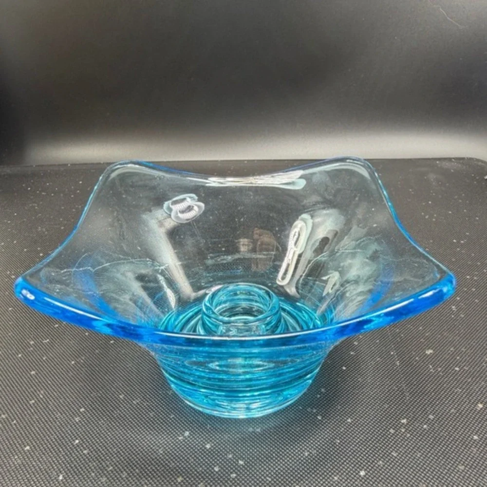Mid Century Art Glass Candle Holder‎ Square Flared Rim Ring Base 4 Inch Small